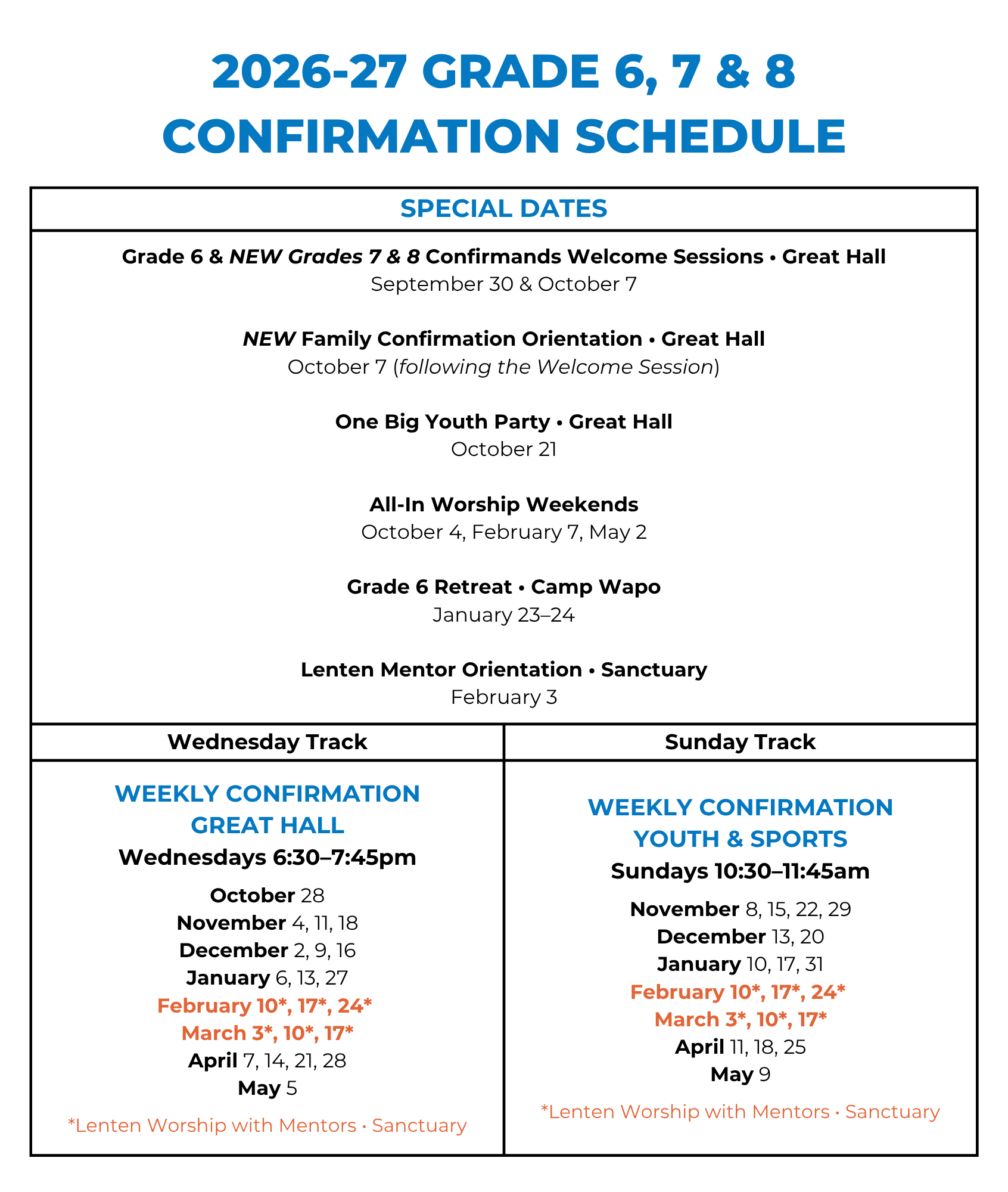 Poster showing the 2026–27 Grade 6–8 Confirmation Schedule with special dates and weekly tracks