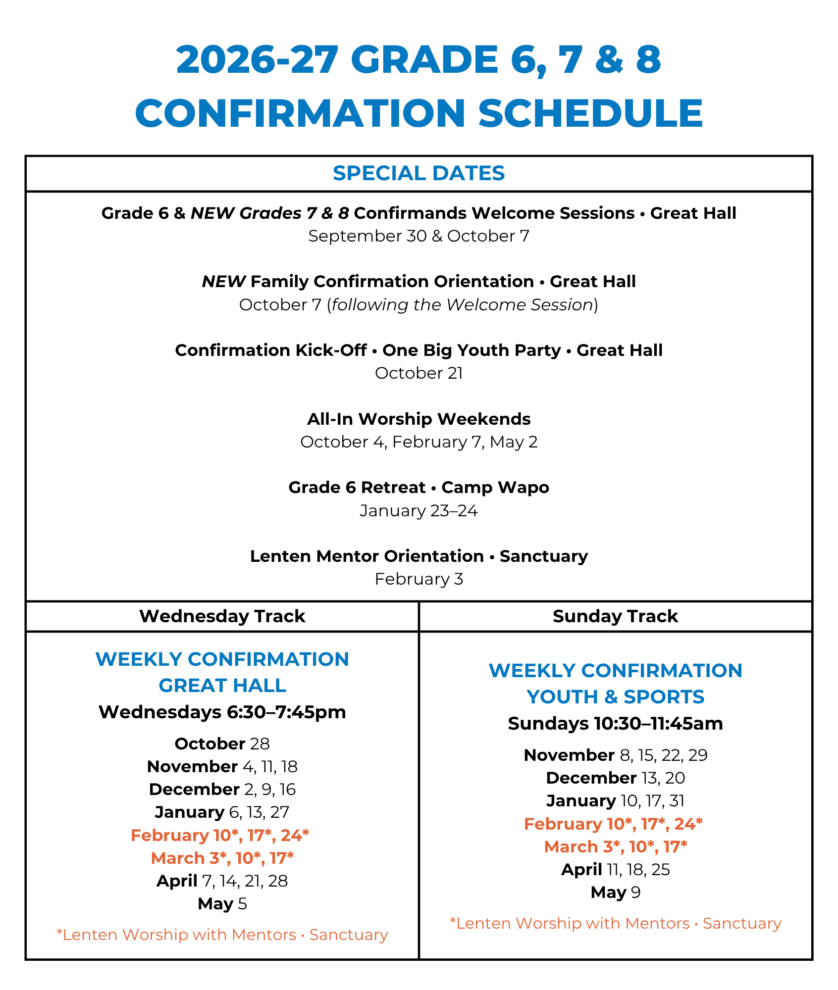 2026-27 6th 7th 8th Grade Confirmation Schedule - St. Andrew's Lutheran Church Confirmation schedule for grades 6–8 (2026–27) showing dates, sessions, and weekly tracks labeled Special Dates and weekly confirmations.