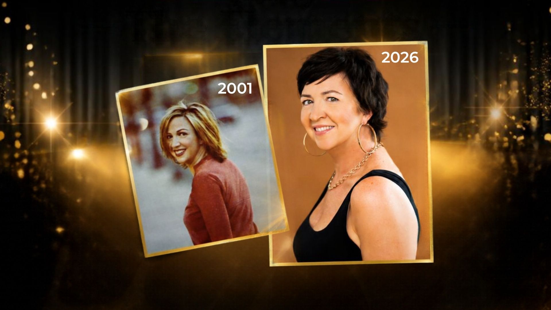 Sara-Renner-Songbook - St. Andrew's Lutheran Church Collage of two gold-framed photos: a 2001 image of a smiling blonde woman in a red top on the left and a 2026 image of a dark-haired woman in a black top with hoop earrings on the right, against a golden, sparkly backdrop.