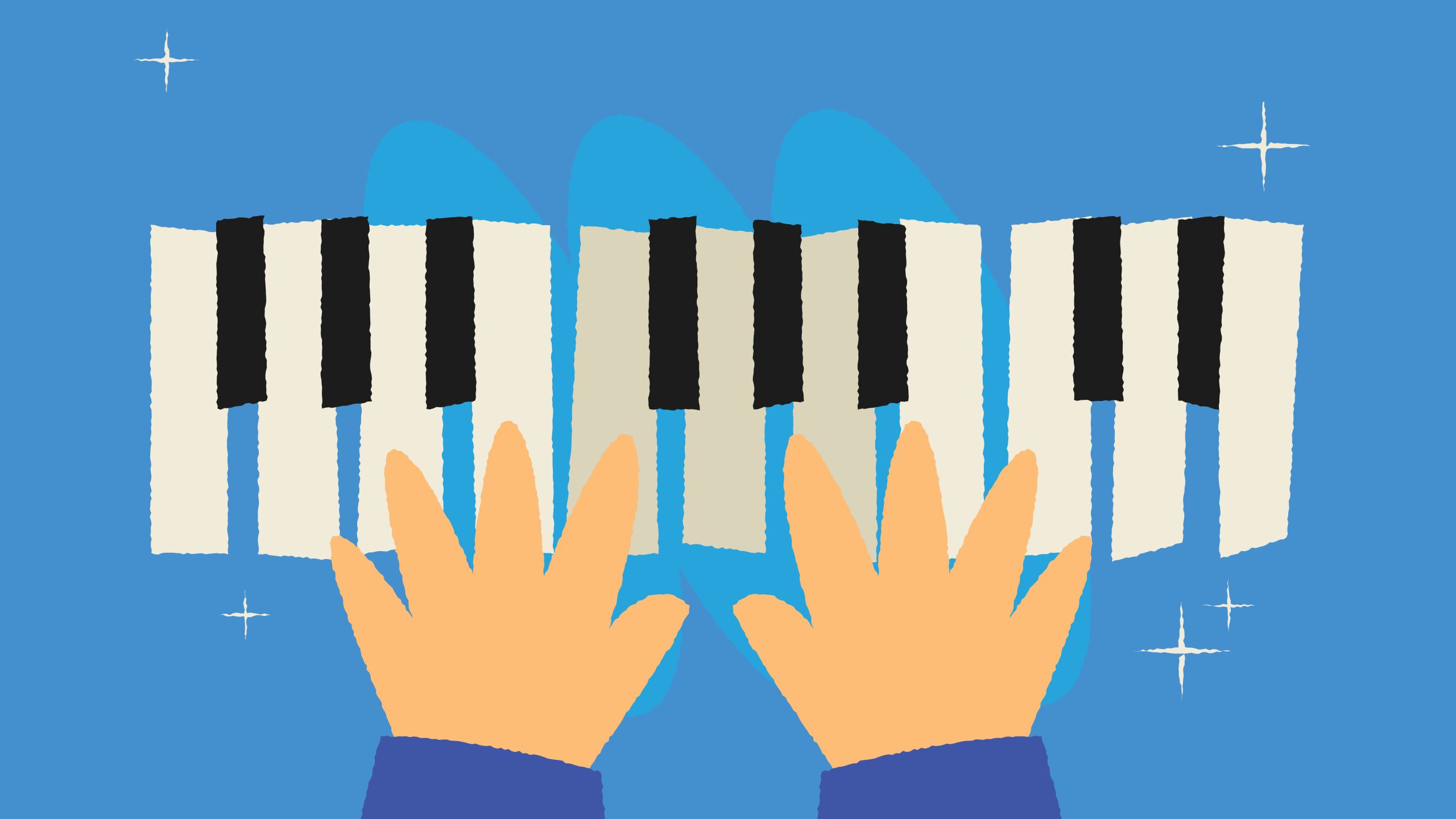 Two orange hands play a black-and-white piano keyboard on a blue background (stylized illustration).